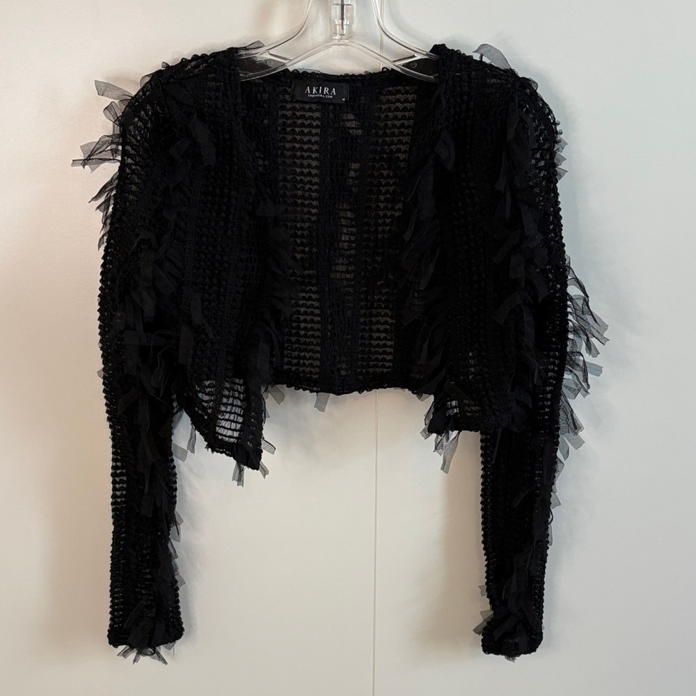 AKIRA Black Cropped Textured Shrug with Ruffle Detail